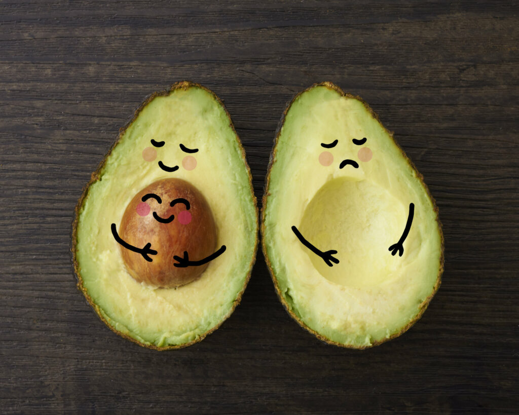 Zwei Avocadohälften, mit und ohne Kern, als Synonym für schwanger und nicht schwanger