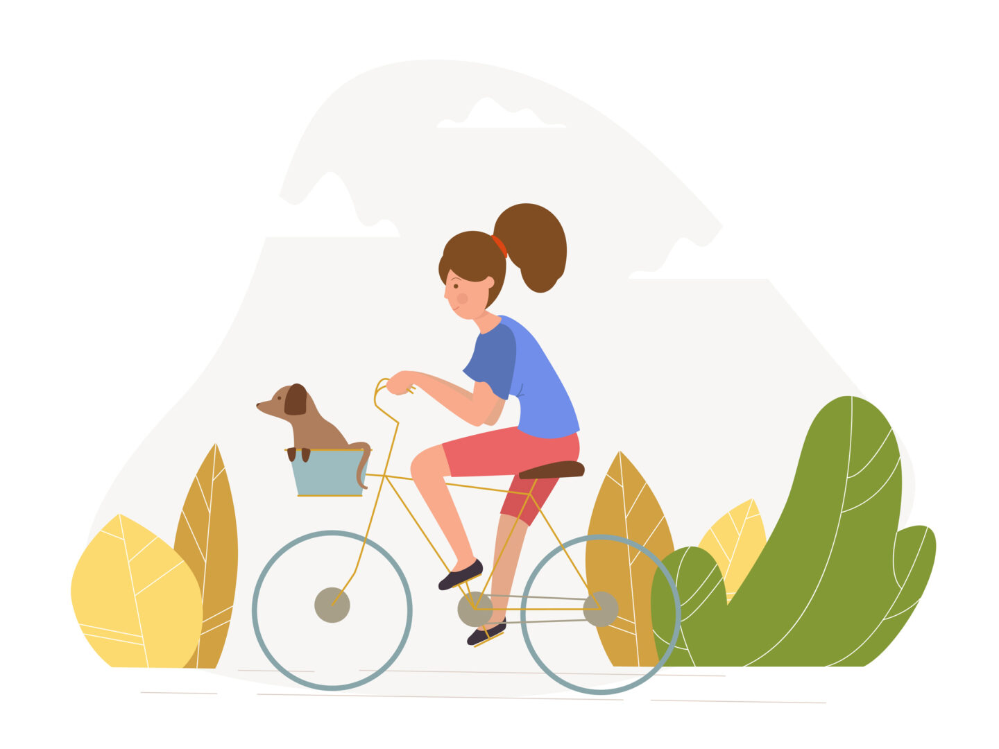 Illustration einer jungen Frau beim Fahrradfahren, der fröhliche Dachshund sitzt im Lenkerkörbchen